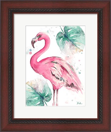 Framed Watercolor Leaf Flamingo I Print