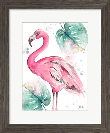 Framed Watercolor Leaf Flamingo I Print