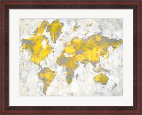 Framed World Map Yellow Gray Print