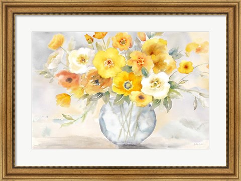 Framed Bright Poppies Vase yellow gray Print