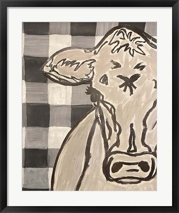 Framed Farm Sketch Cow buffalo plaid Print