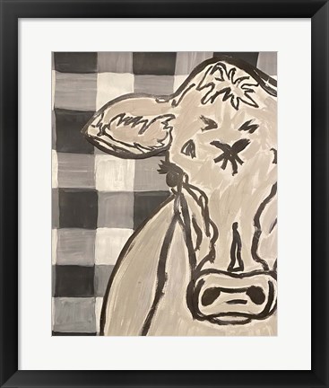 Framed Farm Sketch Cow buffalo plaid Print