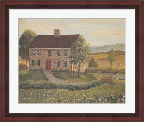 Framed Stone House with Wild Flowers Print