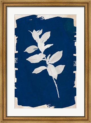 Framed White Leaf on Navy II Print