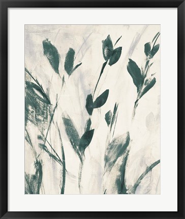 Framed Green Misty Leaves I Print