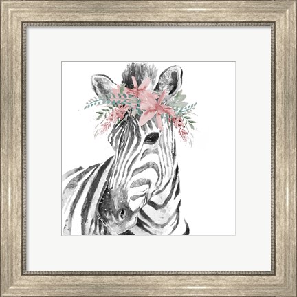 Framed Water Zebra with Floral Crown Square Print