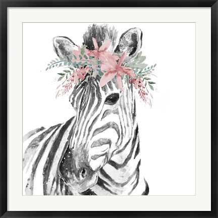 Framed Water Zebra with Floral Crown Square Print