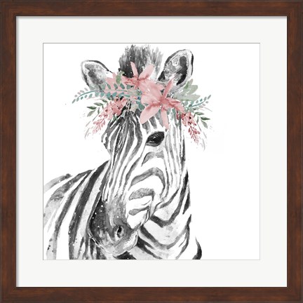 Framed Water Zebra with Floral Crown Square Print
