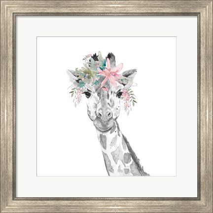 Framed Water Giraffe with Floral Crown Square Print