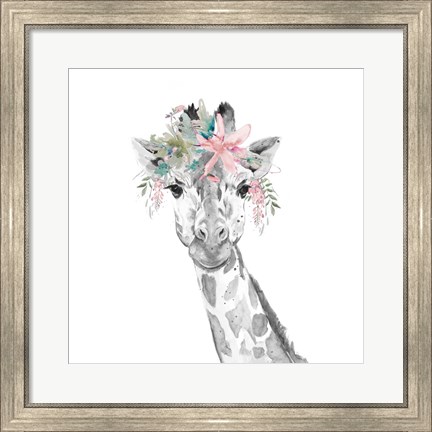 Framed Water Giraffe with Floral Crown Square Print