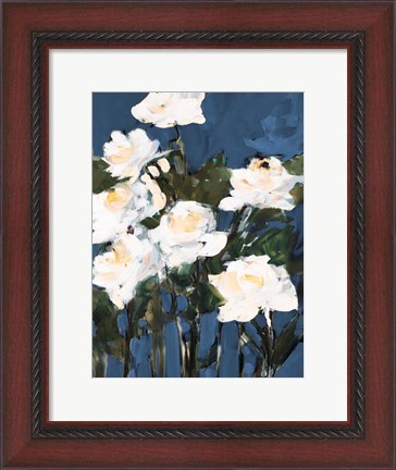 Framed White Roses On Blue Print