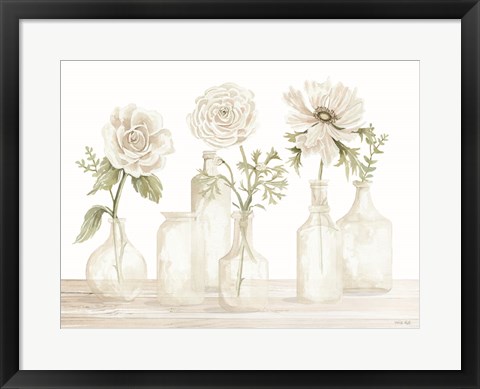 Framed Bottles and Flowers I Print
