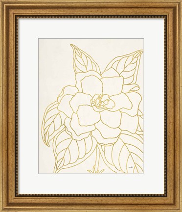 Framed Gold Gardenia Line Drawing Crop Print