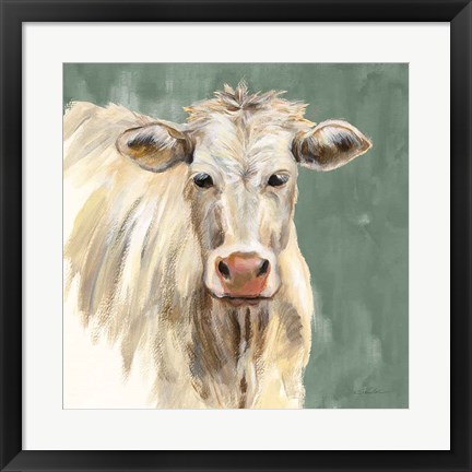 Framed White Cow on Sage Print