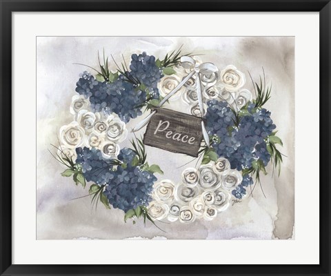 Framed Hydrangea Wreath Blue Print