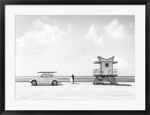 Framed Waiting for the Waves, Miami Beach (BW) Print