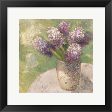 Framed Purple Hyacinths in Vase Green Print