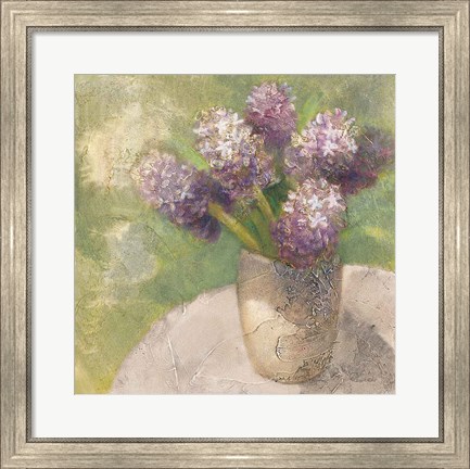 Framed Purple Hyacinths in Vase Green Print