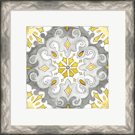 Framed Jewel Medallion yellow gray I Print