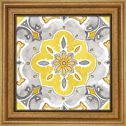 Framed Jewel Medallion yellow gray III Print