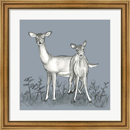 Framed Watercolor Pencil Forest color X-Deer Family Print