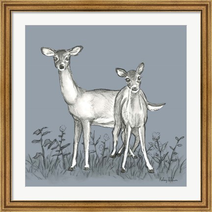 Framed Watercolor Pencil Forest color X-Deer Family Print
