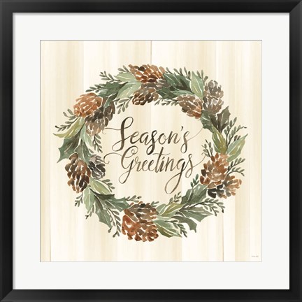 Framed Sage Season&#39;s Greetings Wreath Print