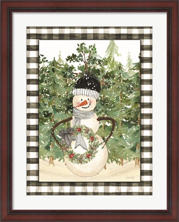 Framed Snowman with Wreath Print