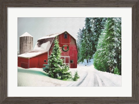 Framed Winter Pines Red Barn Print