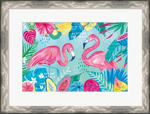 Framed Fruity Flamingos I Print