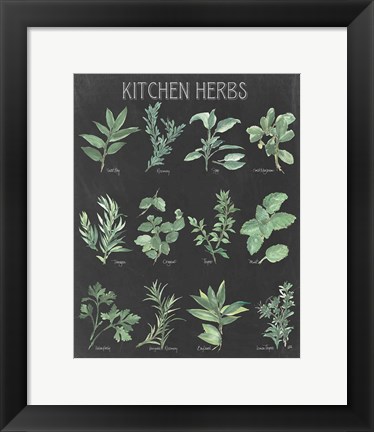 Framed Kitchen Herb Chart on Black I Print