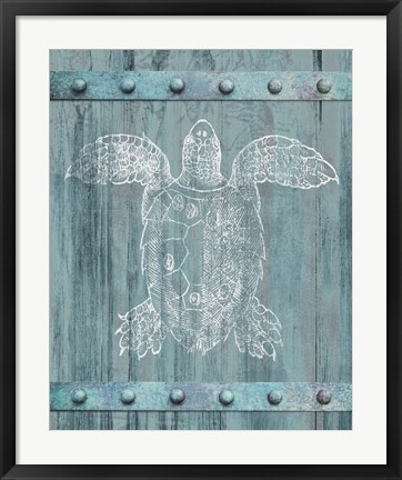 Framed White Turtle On Blue Print