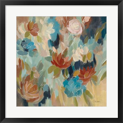 Framed Blue and Sienna Floral Print