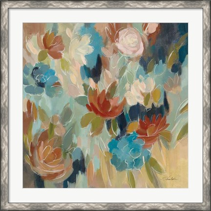 Framed Blue and Sienna Floral Print