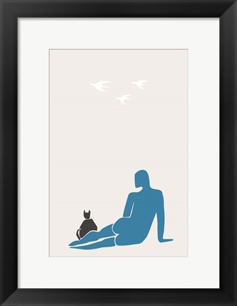 Framed Woman and Cat Print