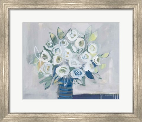 Framed White Roses on Gray Print