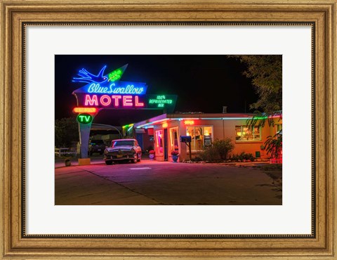 Framed Neon Blue Swallow Motel Print