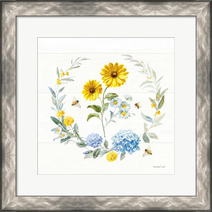 Framed Bees and Blooms Flowers IV with Wreath Print