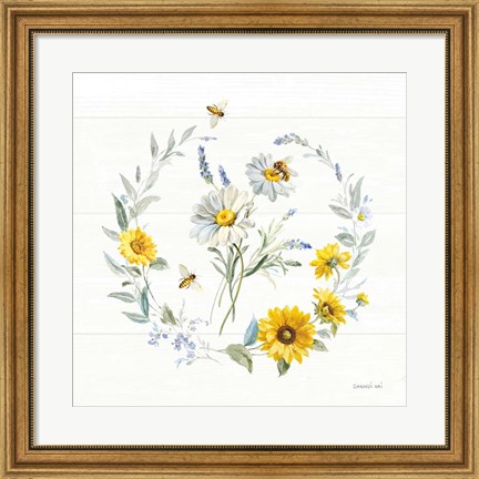 Framed Bees and Blooms Flowers II with Wreath Print