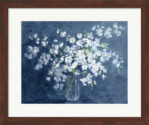 Framed Fresh White Bouquet Dark Blue Print