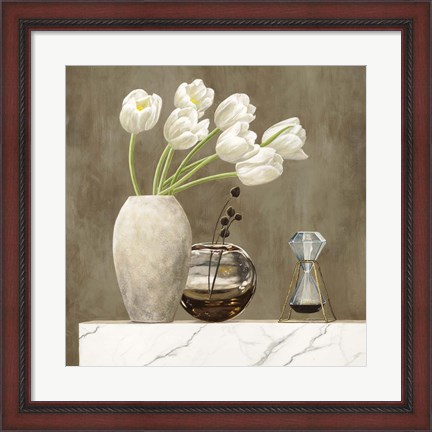 Framed Floral Setting on White Marble I Print