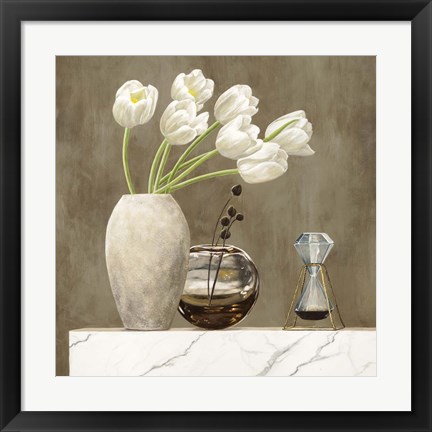 Framed Floral Setting on White Marble I Print