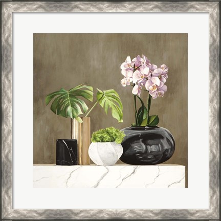 Framed Floral Setting on White Marble II Print