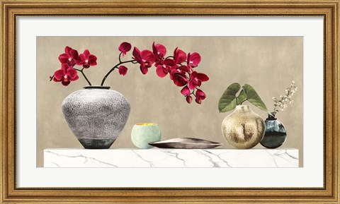Framed Red Orchids on White Marble Print