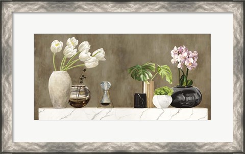 Framed Floral Setting on White Marble Print