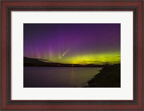 Framed Comet NEOWISE and Aurora Over Waterton River, Alberta Print