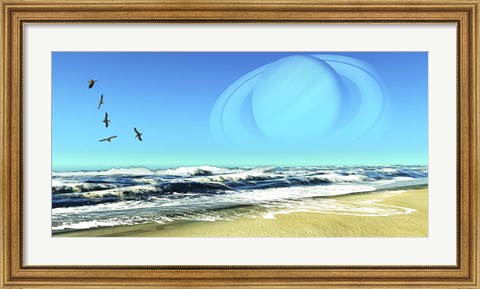 Framed Flock of Seagulls Fly Over Ocean Waves With Saturn Planet in the Sky Print