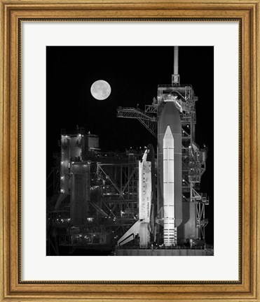Framed Space Shuttle Discovery Sits Atop the Launch Pad With a Full Moon in Background Print