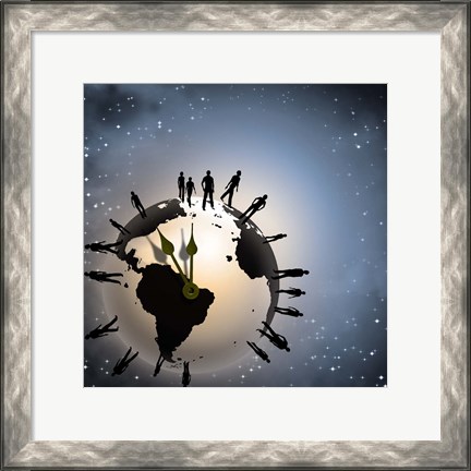 Framed Human Silhouettes Standing Around Planet Earth, Representing Time and Crowd Print