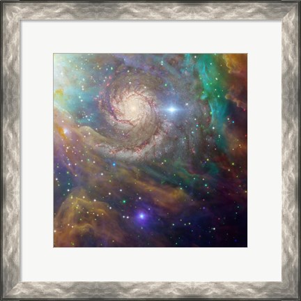 Framed Spiral Galaxy in a Colorful Deep Space Scene Print